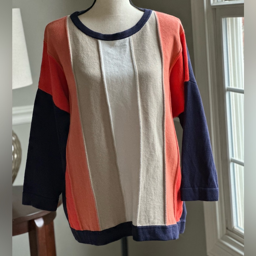 Liz Claiborne Cotton Sweater Womens 3/4 Sleeve Colorblock Neutrals size XL